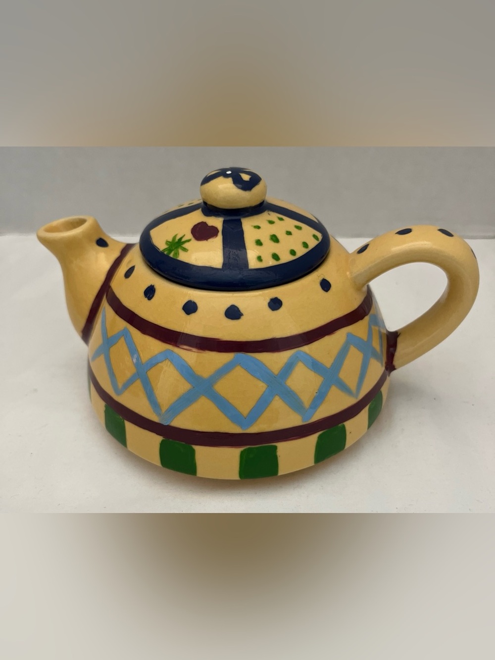 Pier 1 Imports Hand Painted Yellow Ceramic Teapot w/ Lid Colorful Folk Art